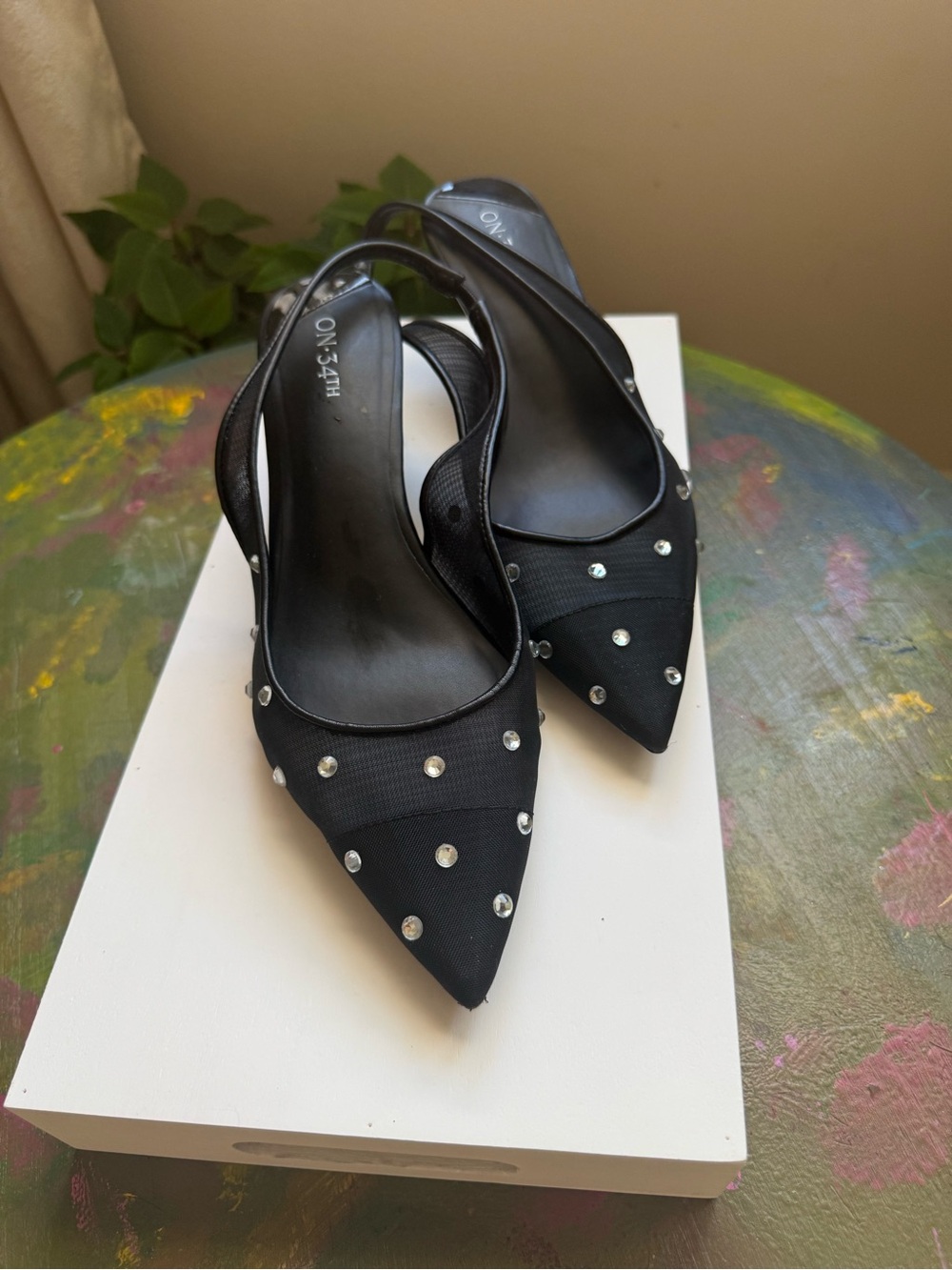 Black Studded Slingback Heels - Women's